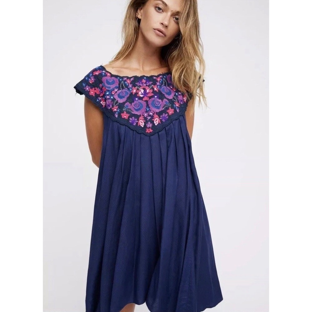 Free People In The Flowers Mini Dress L Navy Blue Embroidered Boho Lace Up